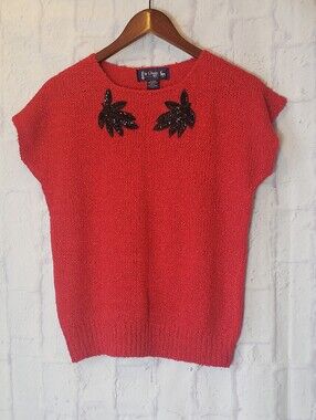 VINTAGE LE CHOIS Sequin Applique Cap Sleeve Sweater Medium